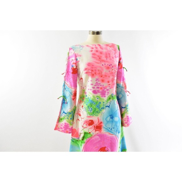 70s Pyschedelic Maxi Dress Boat Neck Bright Pink Tie Sleeves Size S Boho Dresses - Picture 4 of 5
